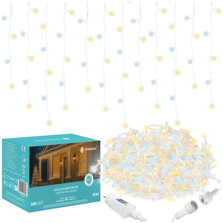 Kurtyna świetlna 300 led girlanda, lampki wewnętrzno-zewnętrzne sople biały ciepły + biały flash