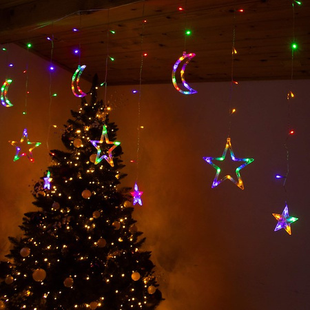 Kurtyna świetlna 138 Led girlanda gwiazdki księżyce lampki sople multikolor