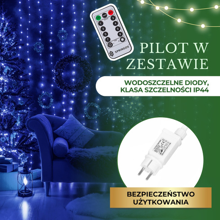 Kurtyna świetlna z pilotem 306 led girlanda, lampki wewnętrzno-zewnętrzne sople niebieski