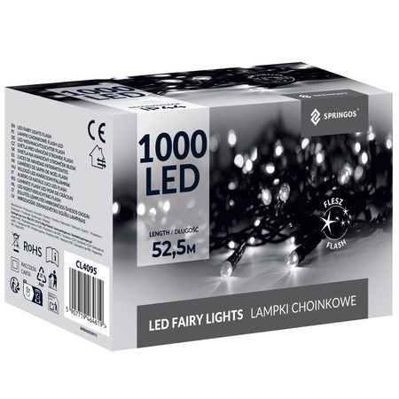 Lampki choinkowe 1000 led zimny biały + flash 50m oświetlenie świąteczne IP44
