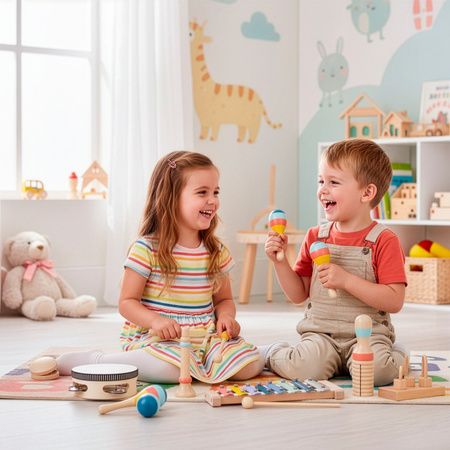 Instrumenty grające, drewniane 8 szt. zabawki muzyczne dla dzieci: cymbałki, bębenek, marakasy