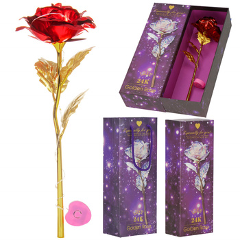 Wieczna róża 25 cm świecąca dekoracja LED sztuczny kwiat czerwony ze złotą łodygą