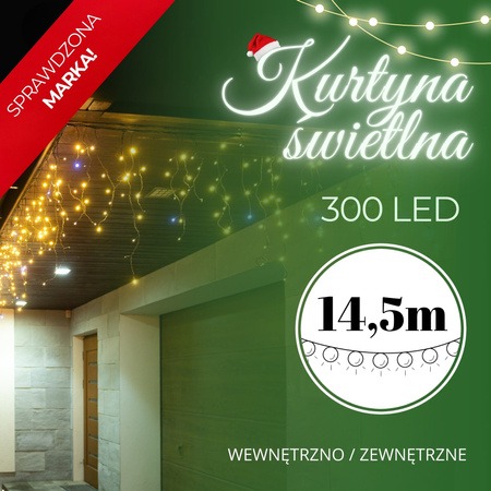 Kurtyna świetlna 300 led girlanda, lampki wewnętrzno-zewnętrzne sople ciepły biały z zimnym białym flash