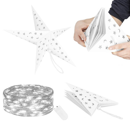 Gwiazda świąteczna papierowa biała 3D i lampki choinkowe led zimny biały