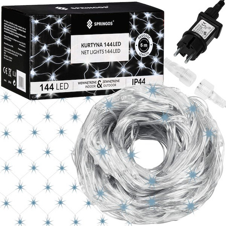 Kurtyna świetlna zimny biały 144 Led lampki wewnętrzno-zewnętrzne siatka z programatorem