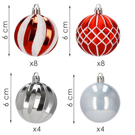 Bombki choinkowe 24 szt. ozdoby świąteczne zestaw czerwone, szare, srebrne