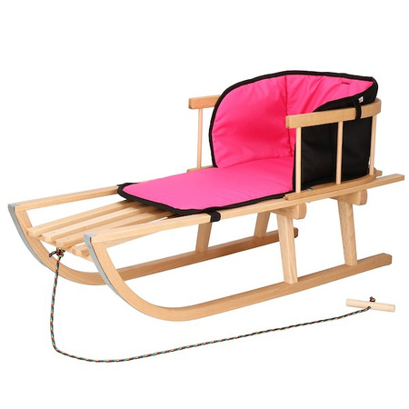 Sanki dla dzieci drewniane z oparciem i różowo-czarnym materacykiem