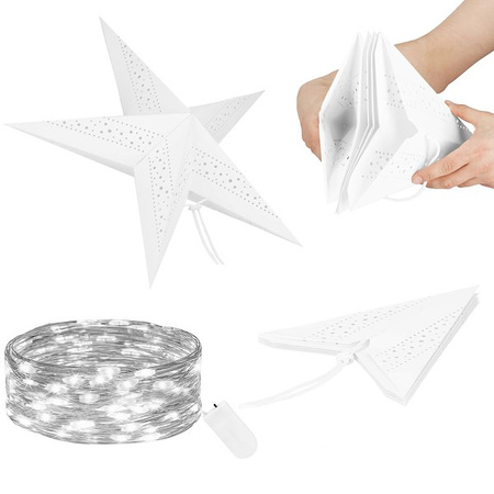 Gwiazda świąteczna papierowa biała i lampki choinkowe led zimny biały