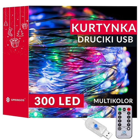 Kurtyna świetlna 300 led girlanda, lampki druciki z programatorem wewnętrzno-zewnętrzne multikolor