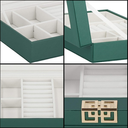 Kufer, szkatułka na biżuterię 23,5x14x5,5 cm zielony organizer z przegródkami ekoskóra