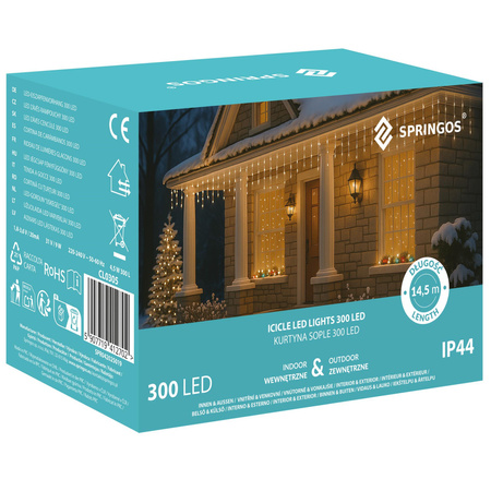 Kurtyna świetlna z pilotem 300 led girlanda, lampki wewnętrzno-zewnętrzne 14,5 m sople ciepły biały