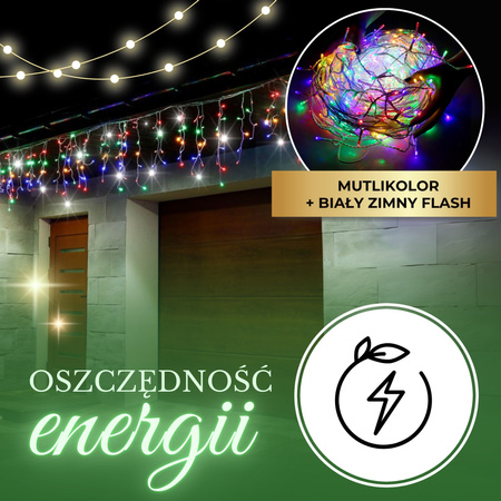 Kurtyna świetlna 500 led girlanda, lampki wewnętrzno-zewnętrzne sople multikolor z zimnym białym flash