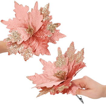 Gwiazda betlejemska, sztuczny kwiat na klipsie poinsecja różowa srebrne cekiny