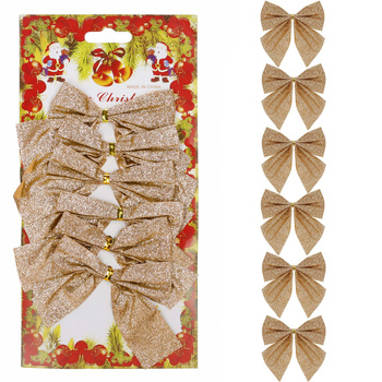 Kokardki świąteczne na choinkę 6 szt. brokatowe zawieszki choinkowe złote