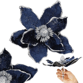 Gwiazda betlejemska z klipsem, sztuczny kwiat poinsecja granatowa ze srebrnym brokatem