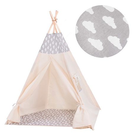 Namiot Tipi dla dzieci wigwam z poduszkami szary w chmurki