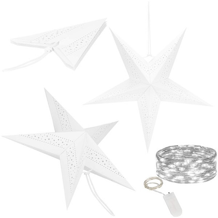 Gwiazda świąteczna papierowa biała i lampki choinkowe led zimny biały