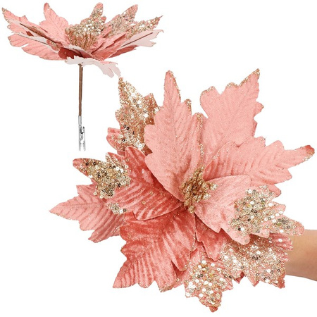 Gwiazda betlejemska, sztuczny kwiat na klipsie poinsecja różowa srebrne cekiny