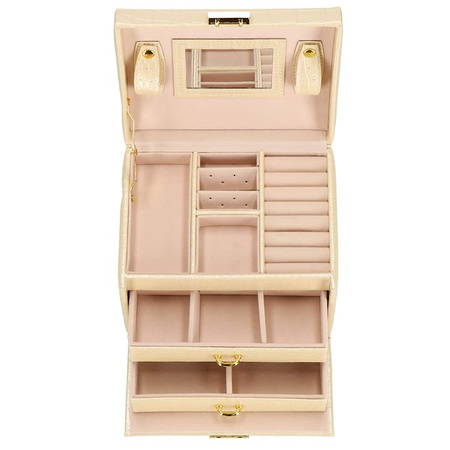 Kuferek, szkatułka na biżuterię 17,5x14x12,5 cm ecru z szufladami i lusterkiem