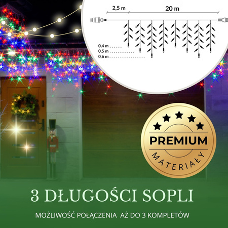 Kurtyna świetlna 500 led girlanda, lampki wewnętrzno-zewnętrzne sople multikolor