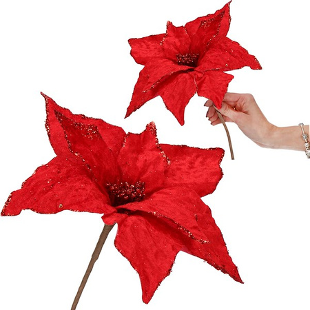 Gwiazda betlejemska 26 cm sztuczny kwiat, poinsecja czerwona z brokatem