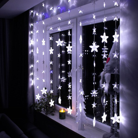 Kurtyna świetlna 180 led girlanda gwiazdki, lampki wewnętrzno-zewnętrzne sople zimny biały + niebieski flash