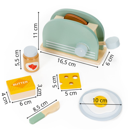 Toster drewniany z akcesoriami śniadaniowymi 9 el. zabawka dla dzieci, multikolor