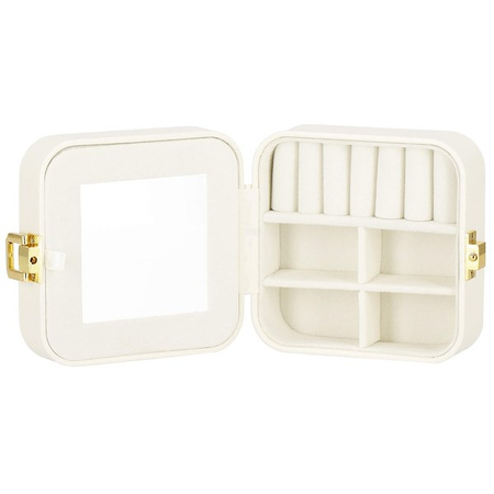 Kufer, szkatułka na biżuterię 10x10x5 cm kremowy z przegródkami ekoskóra