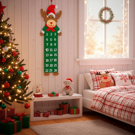 Kalendarz świąteczny, adwentowy na ścianę 63,5 cm Renifer filcowy, dekoracja multikolor