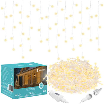 Kurtyna świetlna z pilotem 300 led girlanda, lampki wewnętrzno-zewnętrzne 14,5 m sople ciepły biały