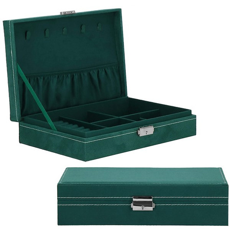 Kufer, szkatułka na biżuterię 28x19,5x7 cm zielony kuferek z 17 przegródkami welurowy 
