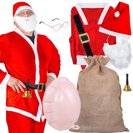 Strój Świętego Mikołaja 9 elementowy z brzuchem i workiem jutowym czerwony kostium