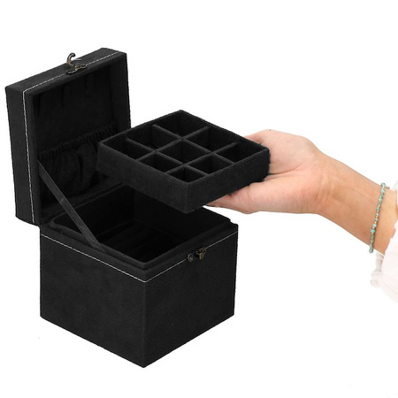Kuferek, szkatułka na biżuterię 12x12x12 cm czarny z przegródkami welurowy