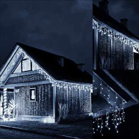 Kurtyna świetlna 300 led girlanda, lampki zewnętrzne sople zimny biały + flash