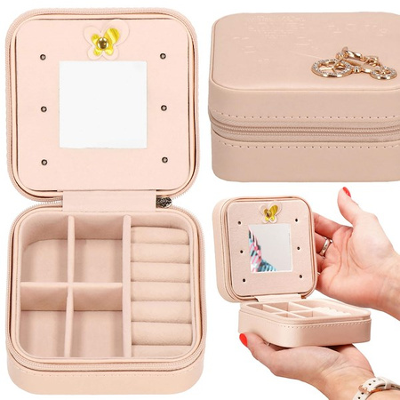 Kufer, szkatułka na biżuterię ekoskóra 10x10x5 cm różowy organizer z przegródkami