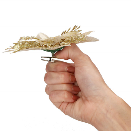 Gwiazda betlejemska 2 szt. sztuczny kwiat, poinsecja kremowo-złota z brokatem na klipsie