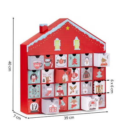 Kalendarz adwentowy, świąteczny 24 szufladki do uzupełnienia, domek, multikolor