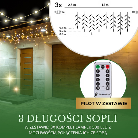 Kurtyna świetlna z pilotem 1500 led girlanda, lampki wewnętrzno-zewnętrzne 67 m sople ciepły biały