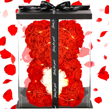 Miś czerwony z białym sercem z róż 25 cm w pudełku miś różany LED ciepły biały