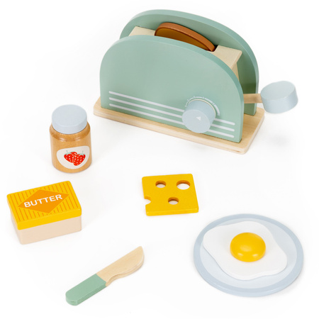 Toster drewniany z akcesoriami śniadaniowymi 9 el. zabawka dla dzieci, multikolor