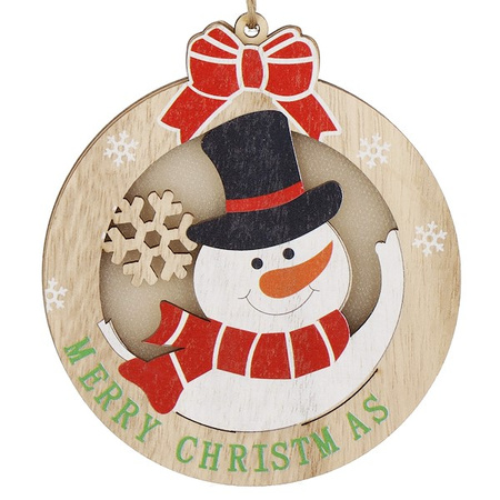 Zawieszka choinkowa bałwan świecąca ozdoba świąteczna drewniana na baterię