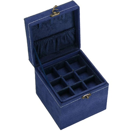 Kufer, szkatułka na biżuterię 12x12x12 cm granatowy z przegródkami welurowy