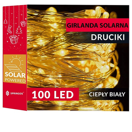 Lampki choinkowe 100 Led druciki ciepły biały oświetlenie świąteczne solarne