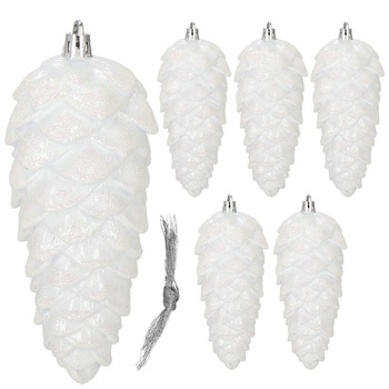 Zawieszki choinkowe szyszki 6 szt. ozdoby świąteczne 14 cm bombki biały brokat