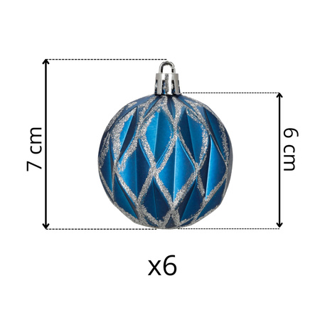 Bombki choinkowe 7 cm 6 szt. komplet dekoracje świąteczne zdobione matowe, niebiesko-srebrne
