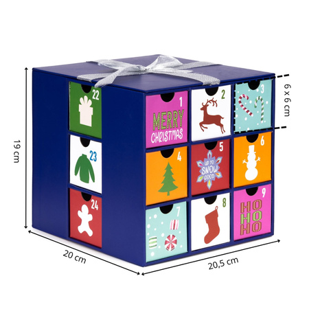 Kalendarz adwentowy, świąteczny pudełko z 24 szufladkami do uzupełnienia, multikolor