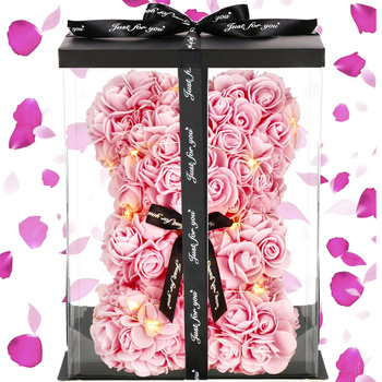 Miś podświetlany z róż 22 cm różowy w pudełku miś LED ciepły biały