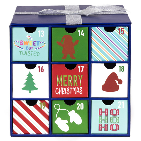 Kalendarz adwentowy, świąteczny pudełko z 24 szufladkami do uzupełnienia, multikolor