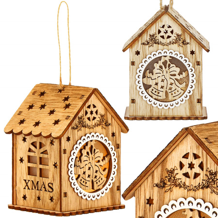 Zawieszka choinkowa domek świecąca ozdoba świąteczna drewniana na baterię