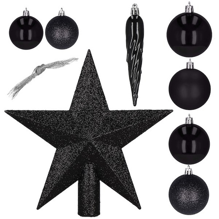 Bombki choinkowe 33 szt. ozdoby świąteczne zestaw z gwiazdą czarne